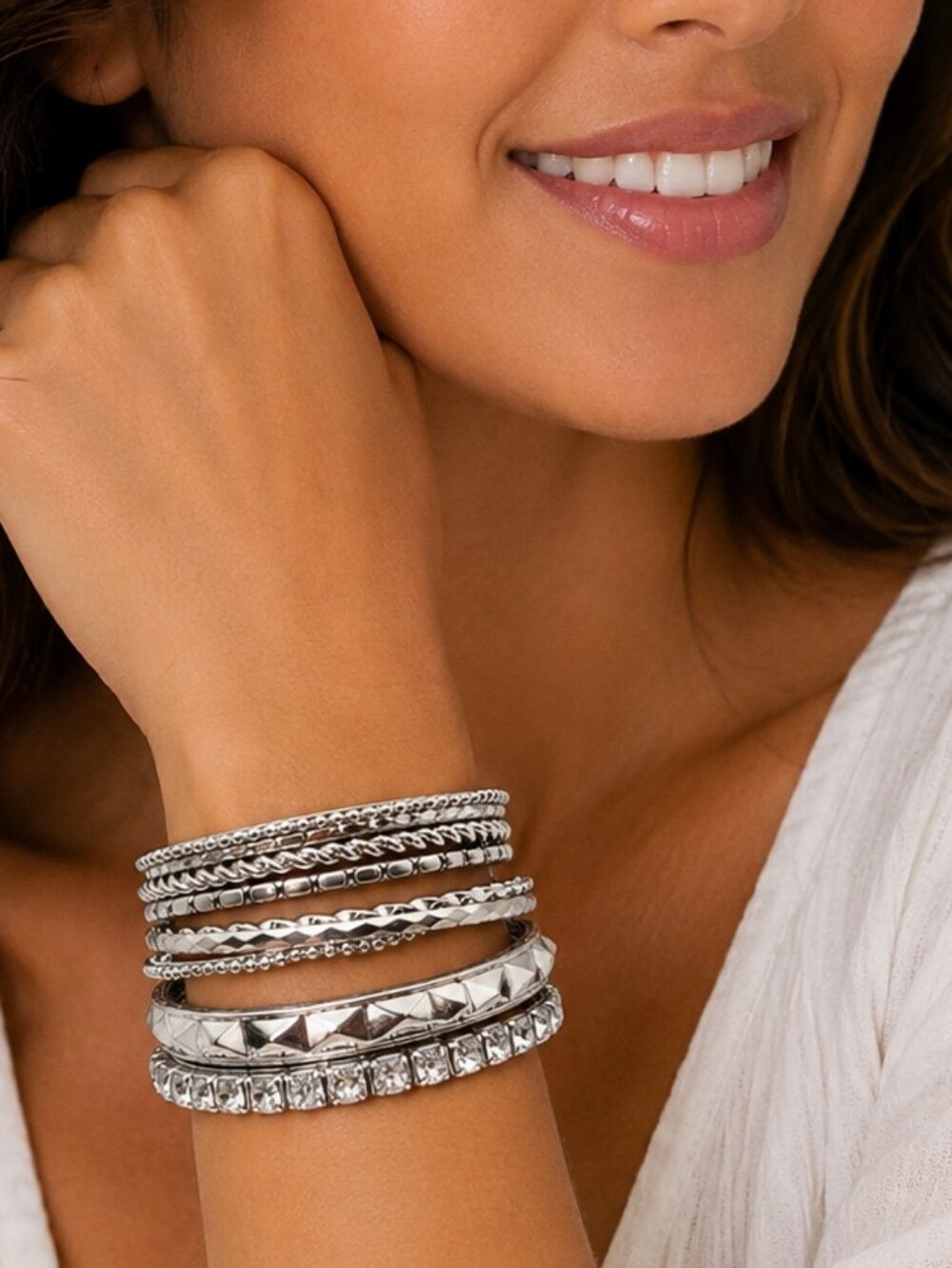 💎Silver Tone 9 Piece Bangle Bracelet Set Rhinestone Studded Stack Boho Chic